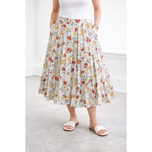 CAbi Dresses & Skirts - Floral Pleated A-Line Midi Skirt‎ – Women's 4 White Red Yellow Blue